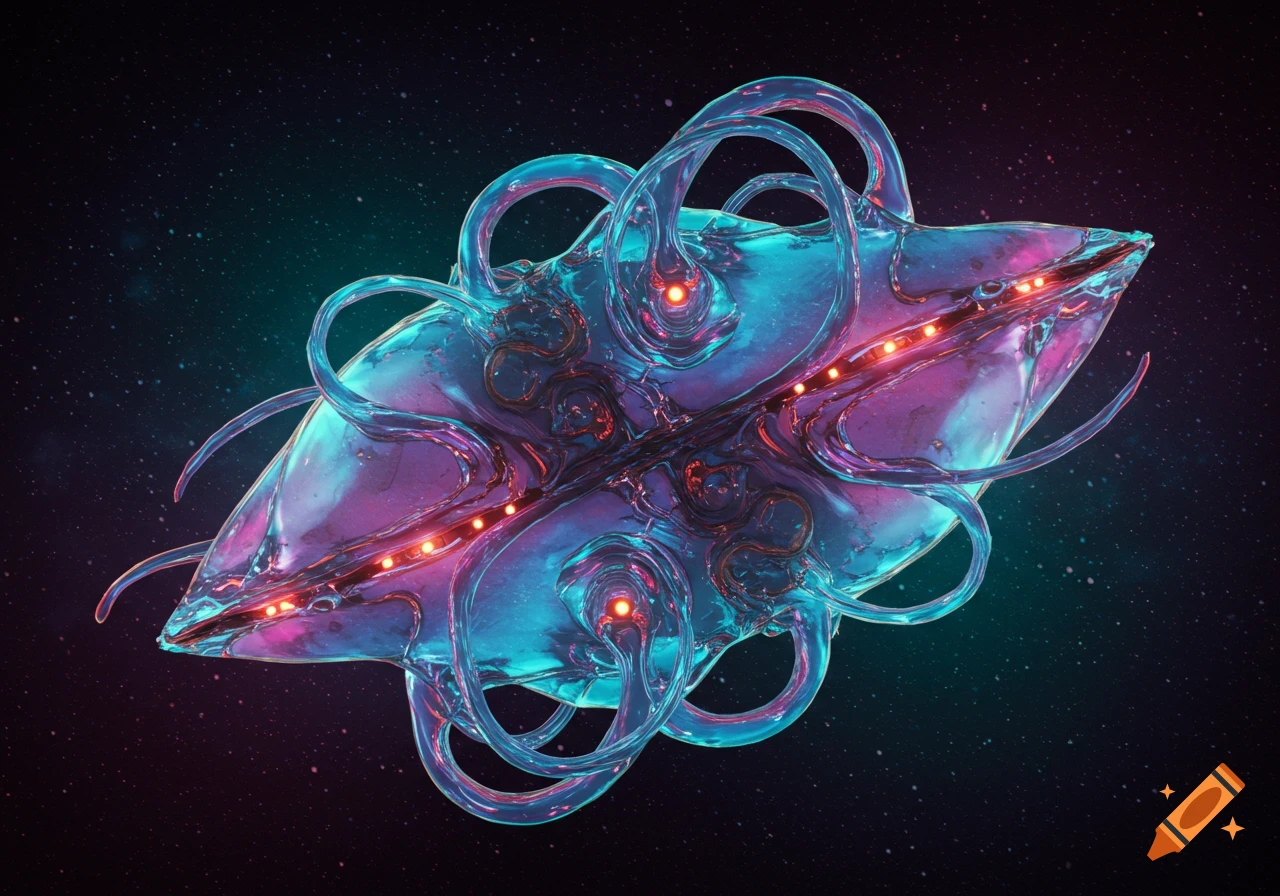 Bio-luminescent alien device floating in space with glowing lights and organic tubes.