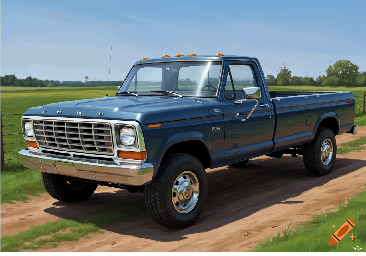 Illustration of a blue Ford pickup truck parked on a dirt road in a grassy field.