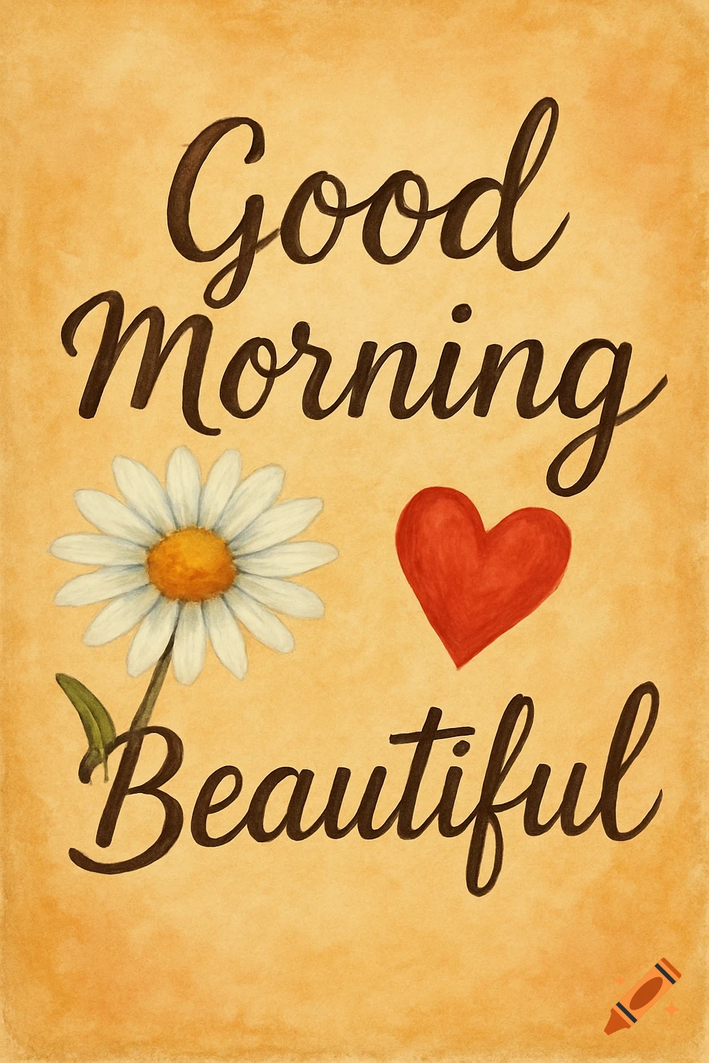 Watercolor style greeting card with Good Morning Beautiful text, a daisy, and a red heart on a parchment background.