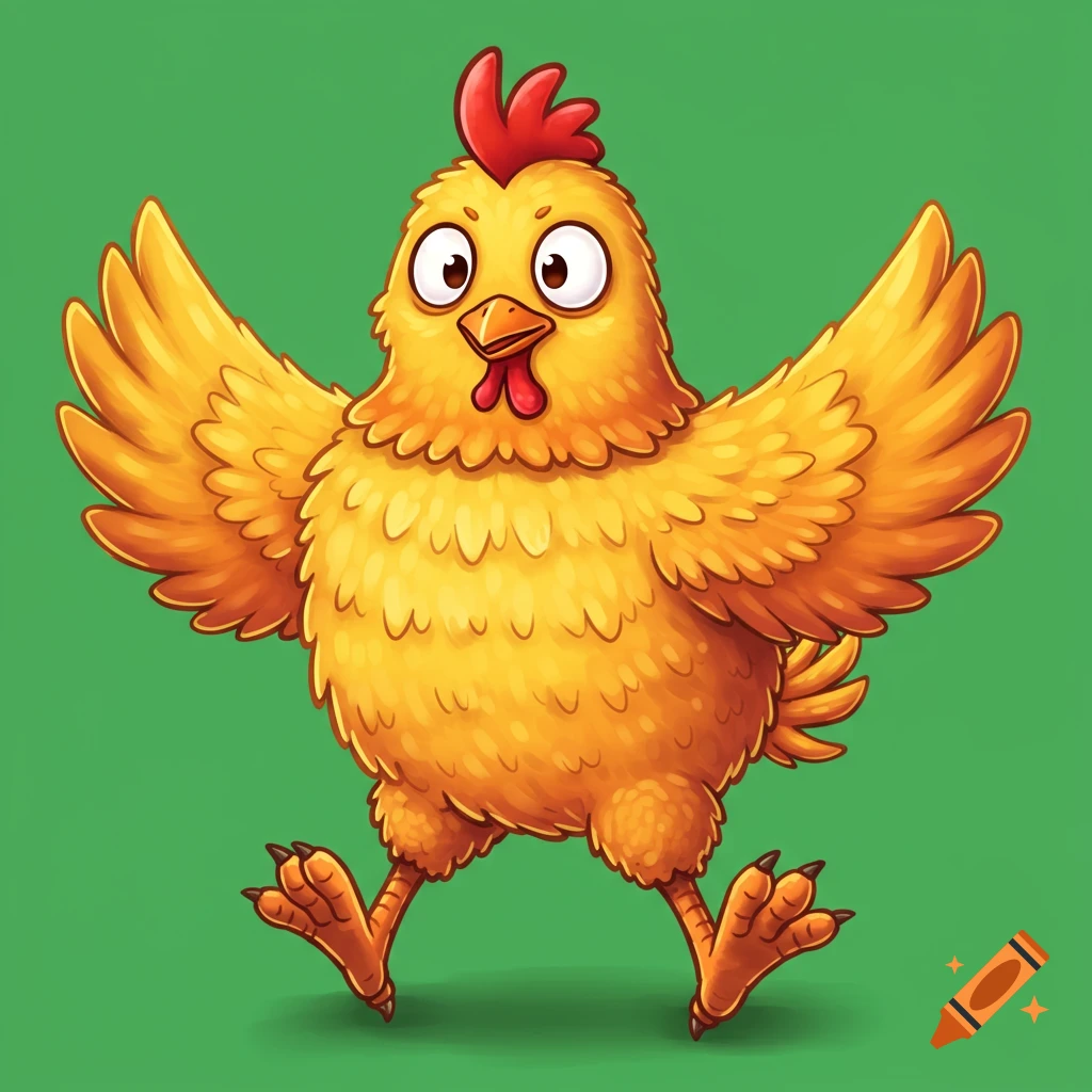 A cheerful cartoon chicken with spread wings on a green background.