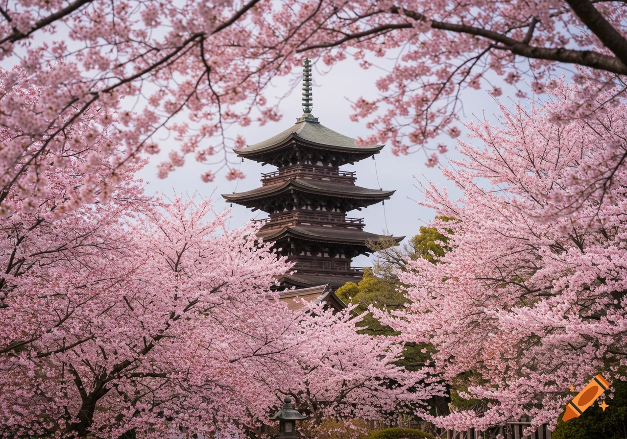 A Japanese temple stands surrounded by vibrant pink cherry blossoms.
