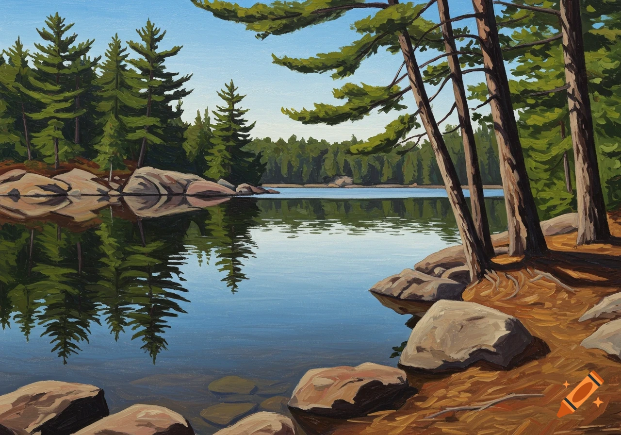 A painting of a lake and trees reflected in the water, in a landscape style.
