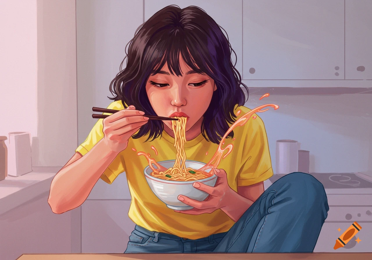 Illustration of a woman eating noodles with chopsticks in a kitchen