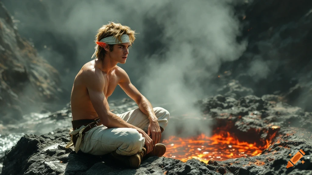 A young man with pointed ears sits on a rock by a steaming lava pool in a cinematic photo.