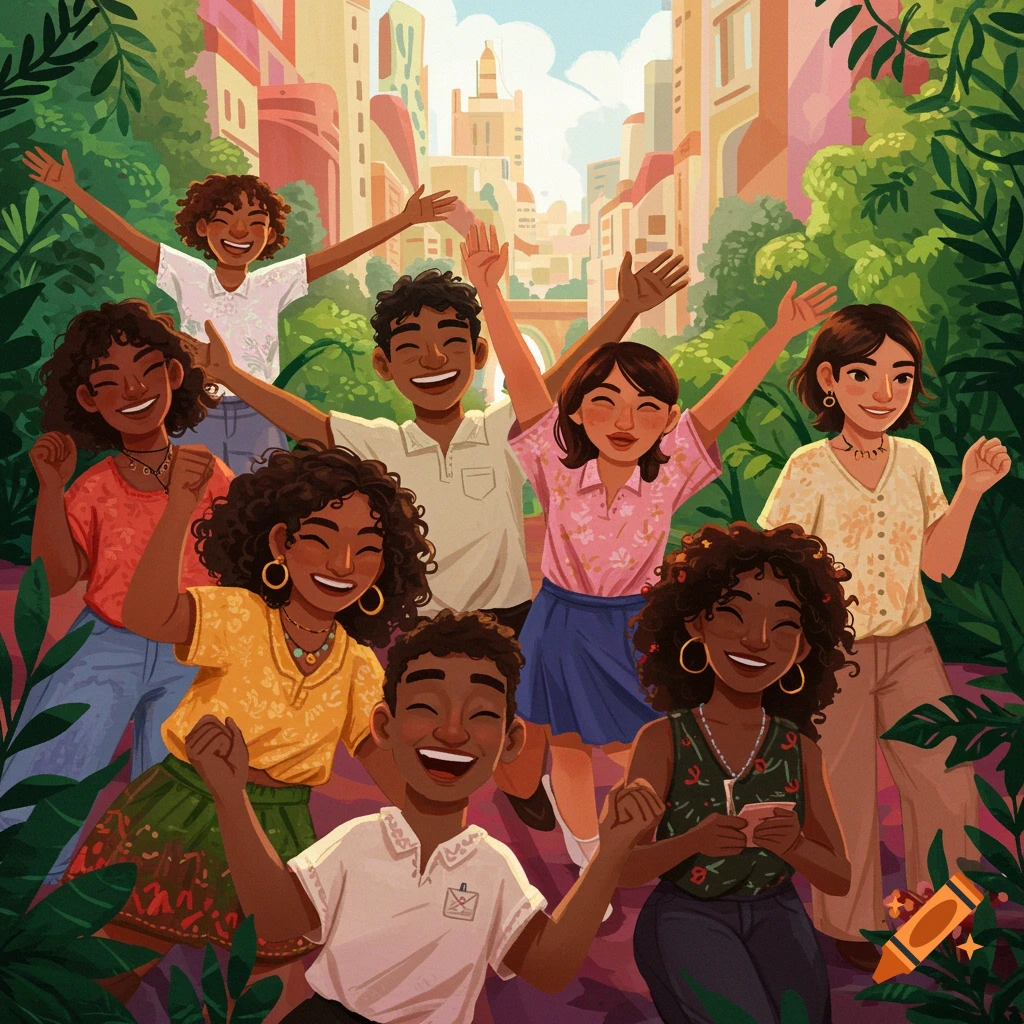 Diverse group of people smiling and raising hands in a vibrant, colorful illustration.
