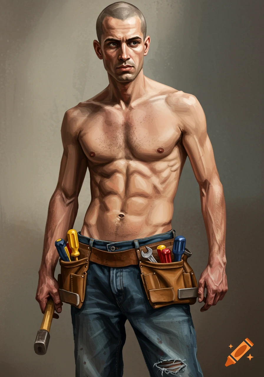 A shirtless man with a shaved head wears a tool belt and holds a hammer, in a digital painting style.
