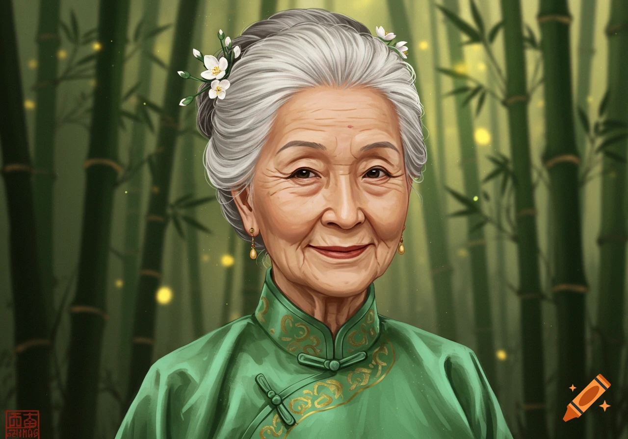 Portrait of an elderly Chinese woman smiling, wearing a green top, with flowers in her hair, in a bamboo forest.