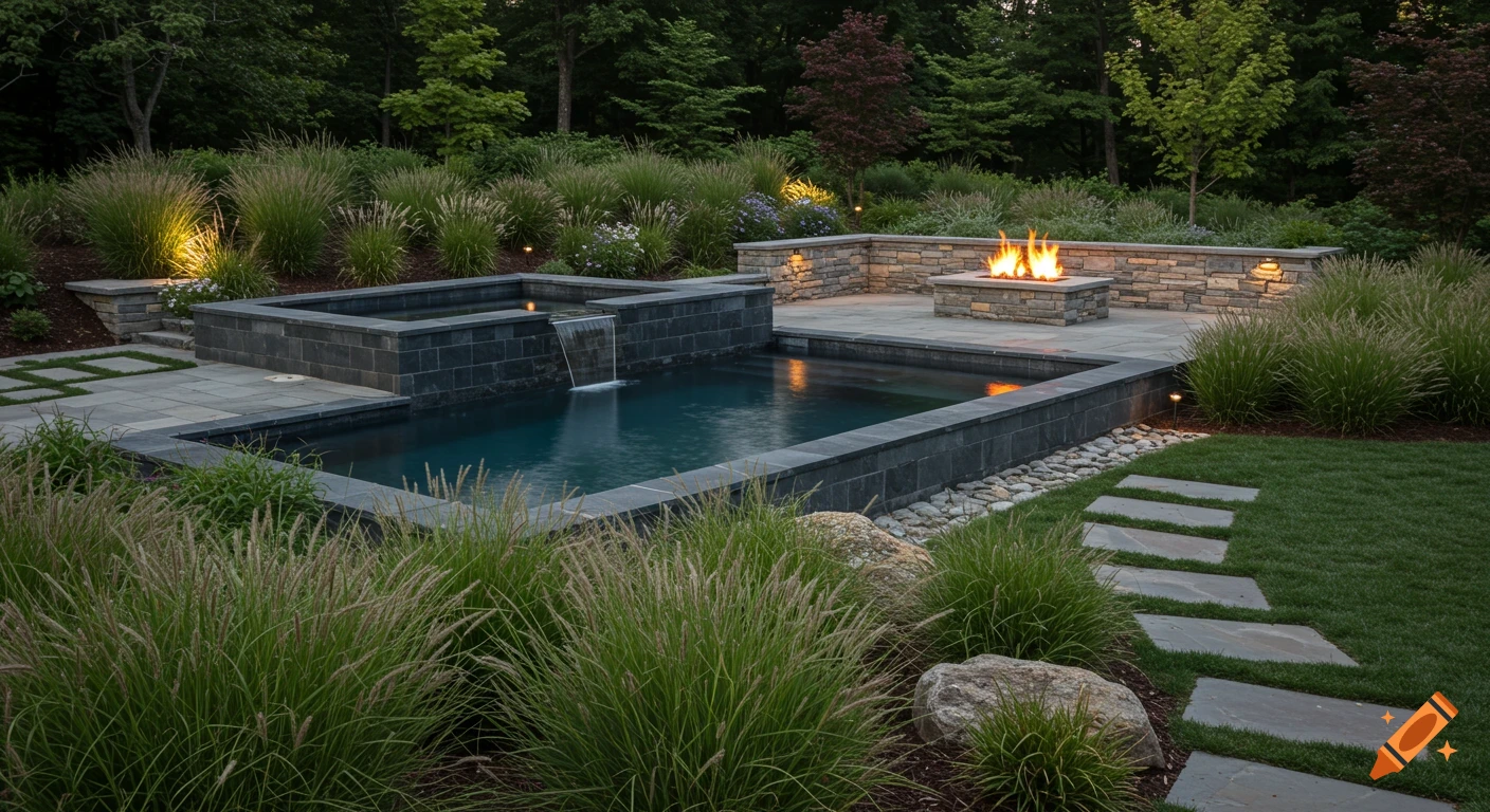 Modern landscape design with pool, waterfall, fire pit, and stepping stones at dusk