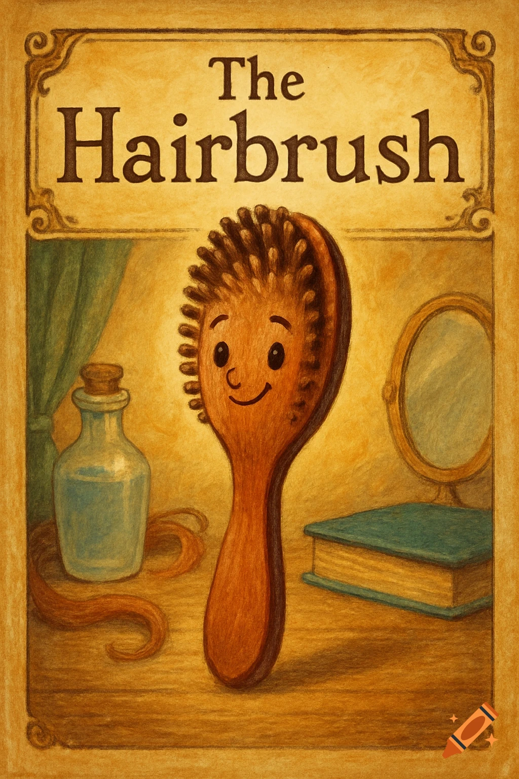 Storybook cover 'The Hairbrush' featuring a smiling hairbrush character on a table with bottle, book, and mirror, in a colored pencil style.