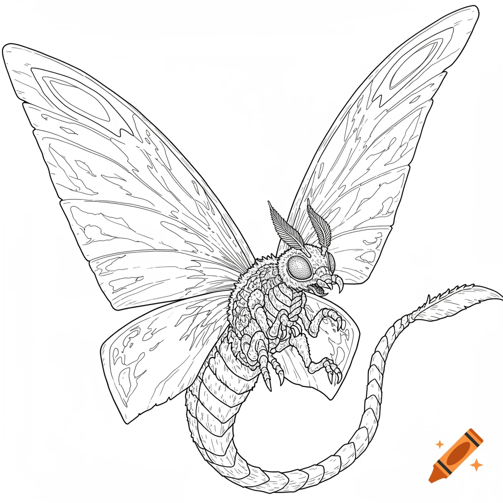 Line drawing coloring page of the kaiju Battra flying