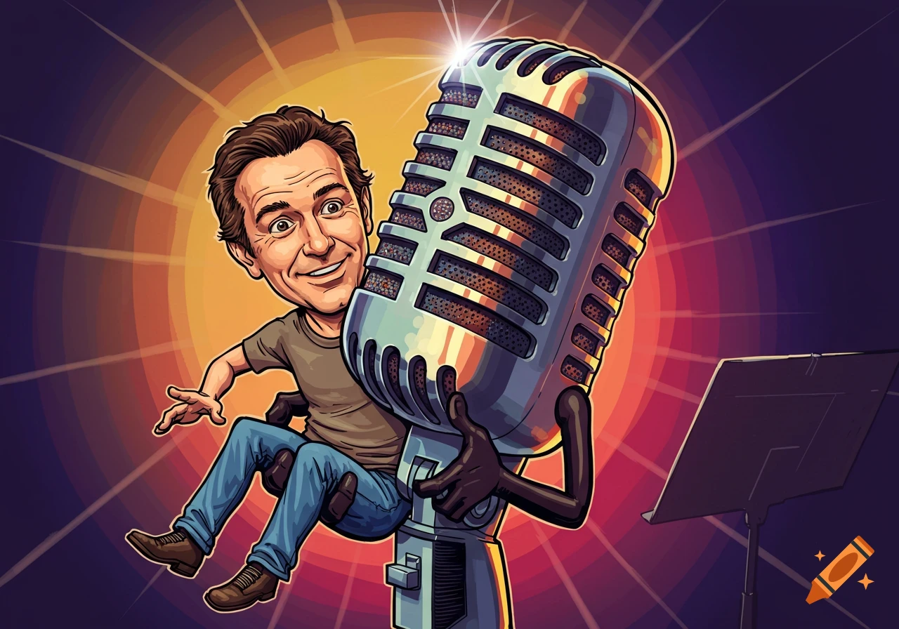 Cartoon illustration of a large vintage microphone holding a smiling man in its stand-like arms.