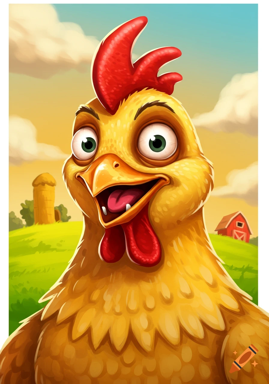 A cartoon close-up of a surprised-looking chicken in a sunny farm field.