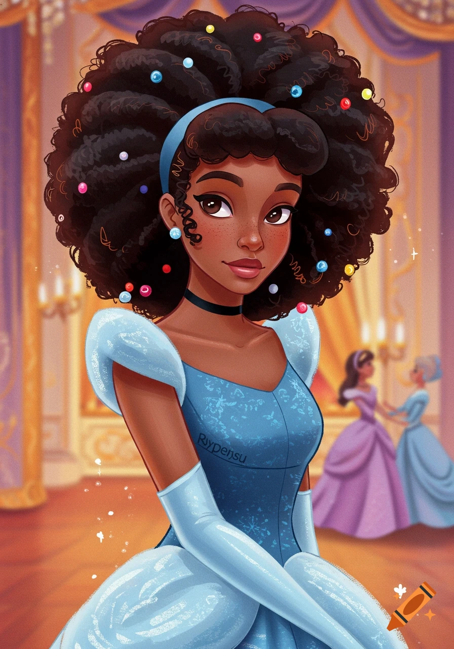 Stylized illustration of a Black woman as Cinderella in a blue ballroom dress.