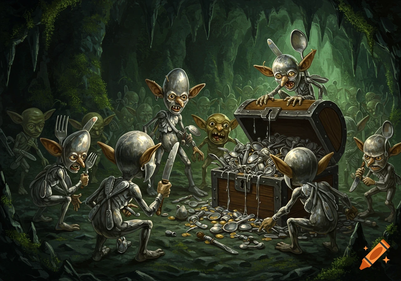 Fantasy illustration of goblins in a cave hoarding silverware in a treasure chest.
