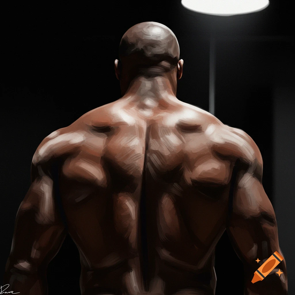 Painterly view of a muscular man's back against a dark background