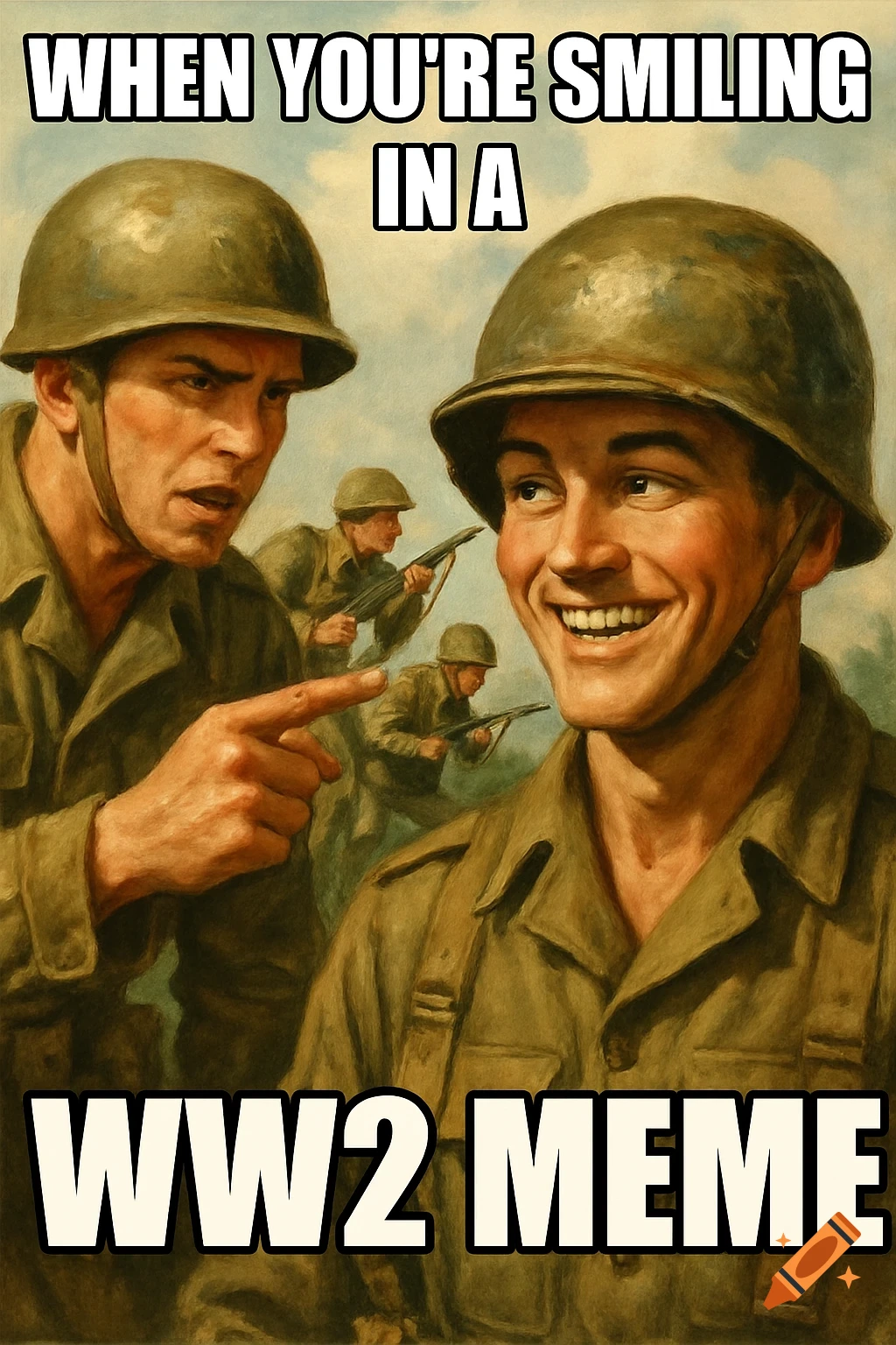 Two WWII soldiers, one pointing, the other smiling, with meme text overlay. Painted style.
