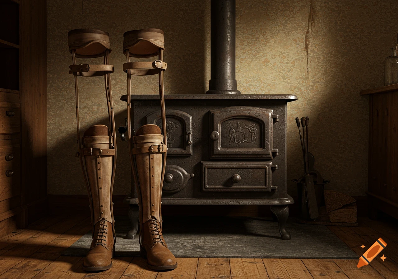 Pair of vintage leg braces stand in a dimly lit room in front of an old wood-burning stove.