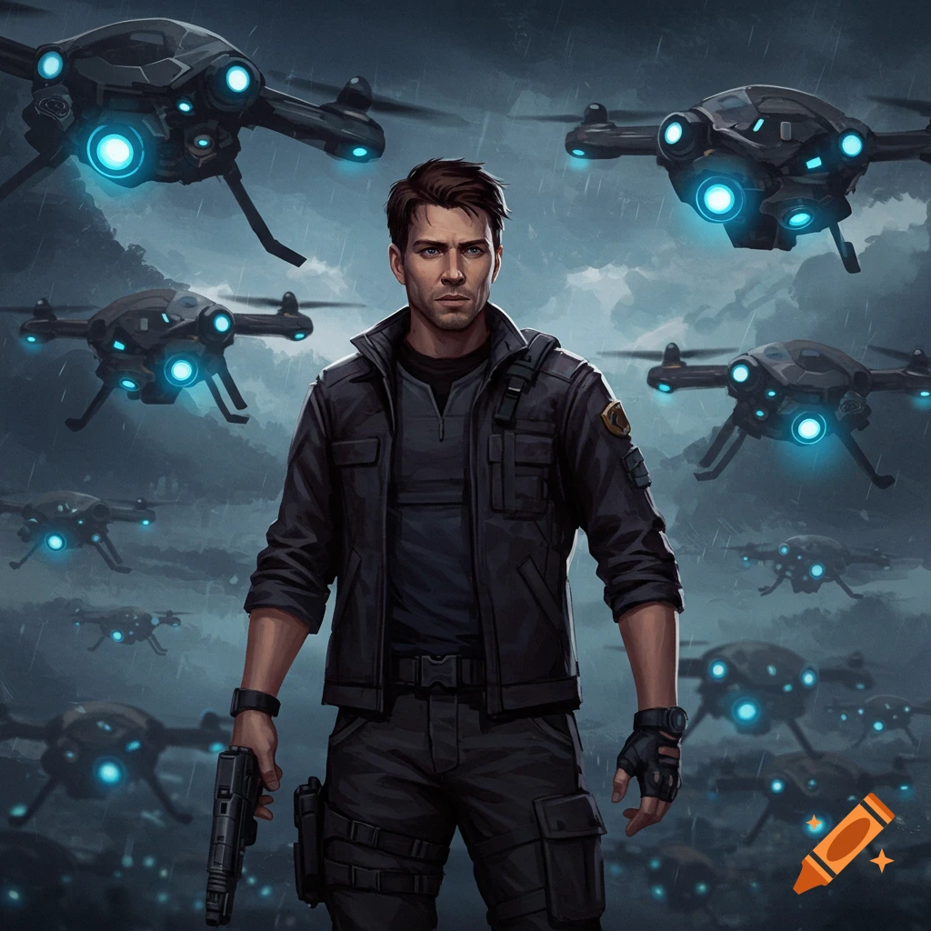 Man with gun surrounded by futuristic drones in the rain, digital art style.