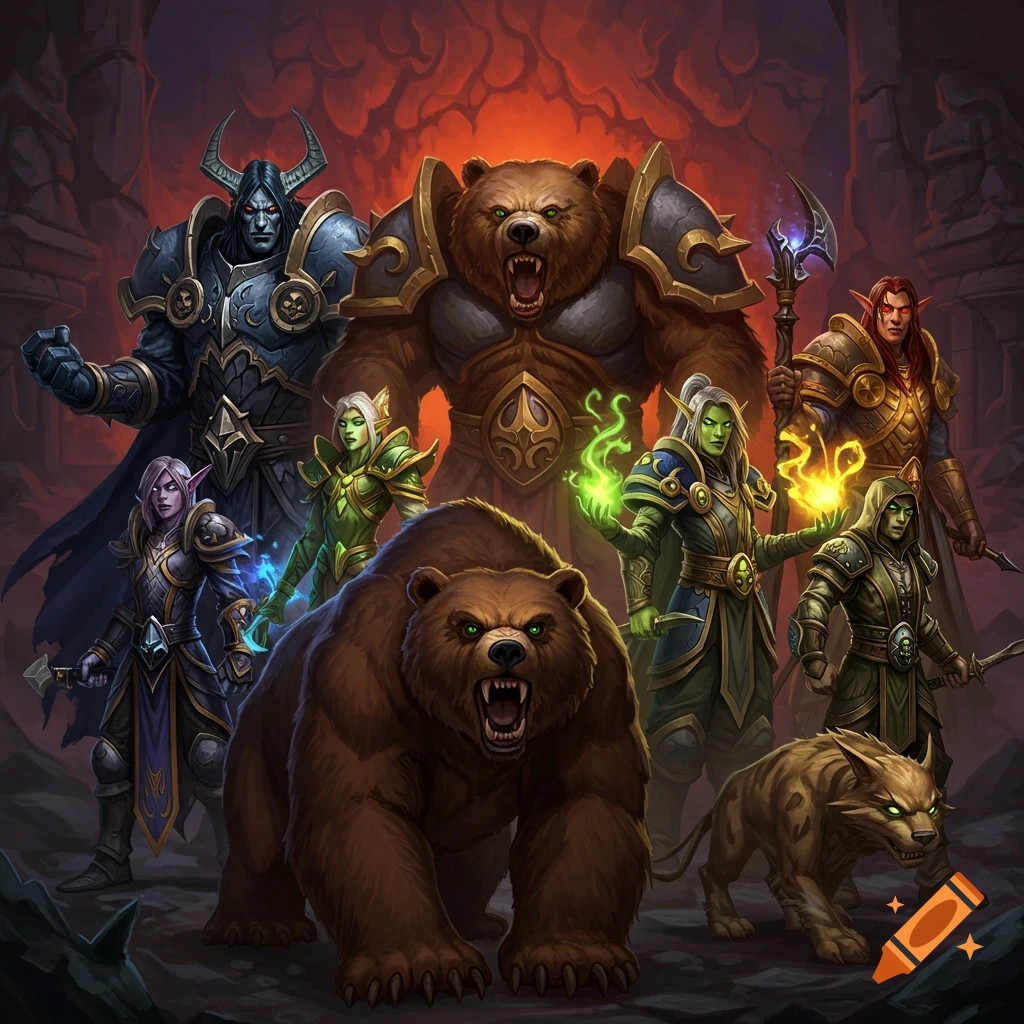 Group of fantasy characters, including humanoids, elves, bears, and a cat-like creature, in armor and robes standing in a fiery cave entrance, digital painting.