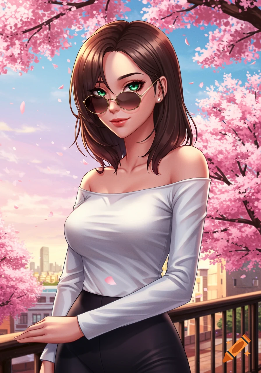 An anime woman in sunglasses and a white top stands outdoors with cherry blossoms.
