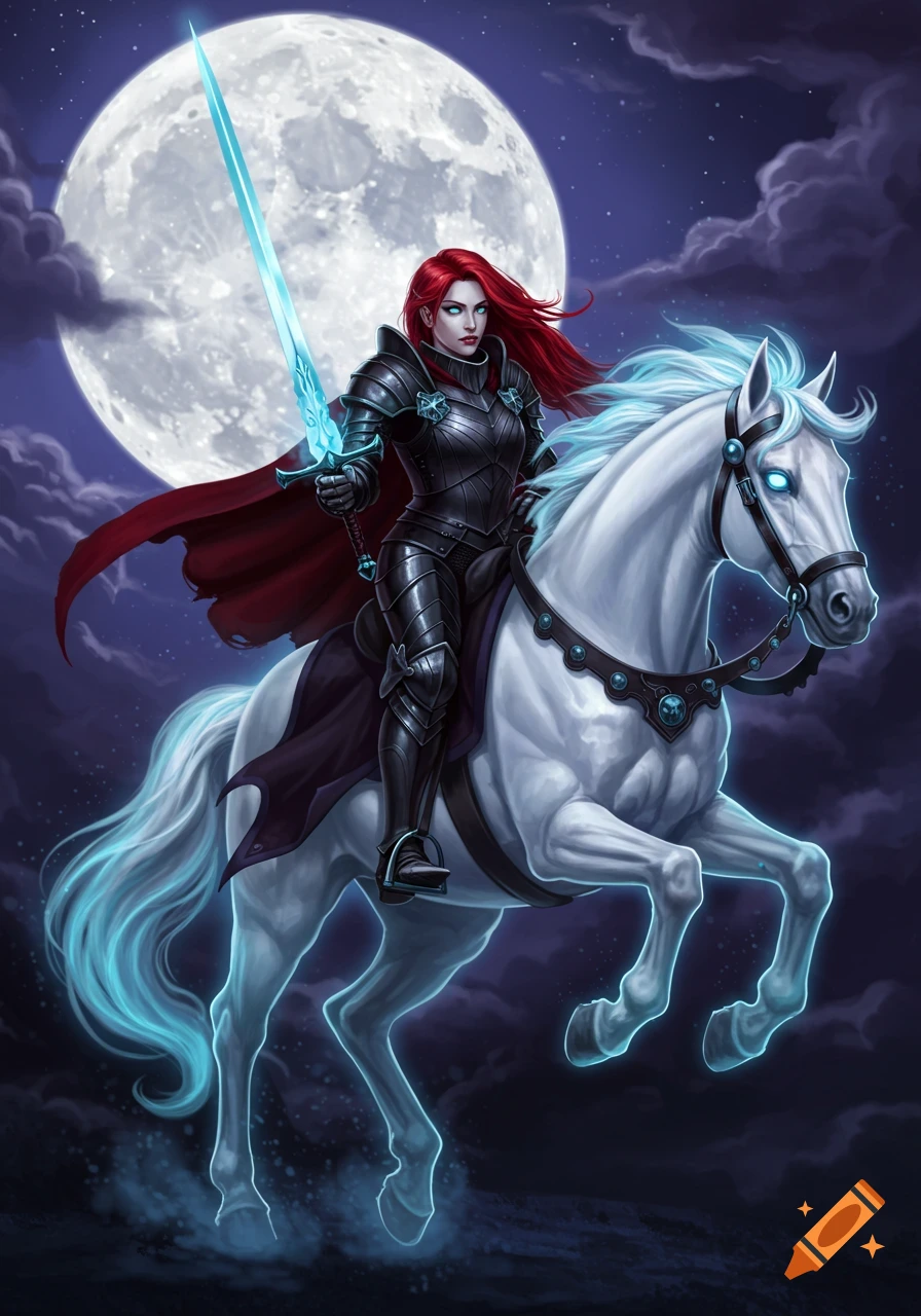 Female knight with red hair riding a glowing white horse under a full moon in a fantasy illustration style.