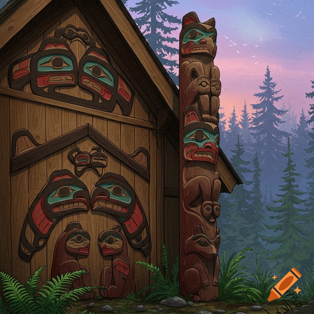 Wooden building and totem pole with traditional Salish Pacific Northwest carvings in a forest.