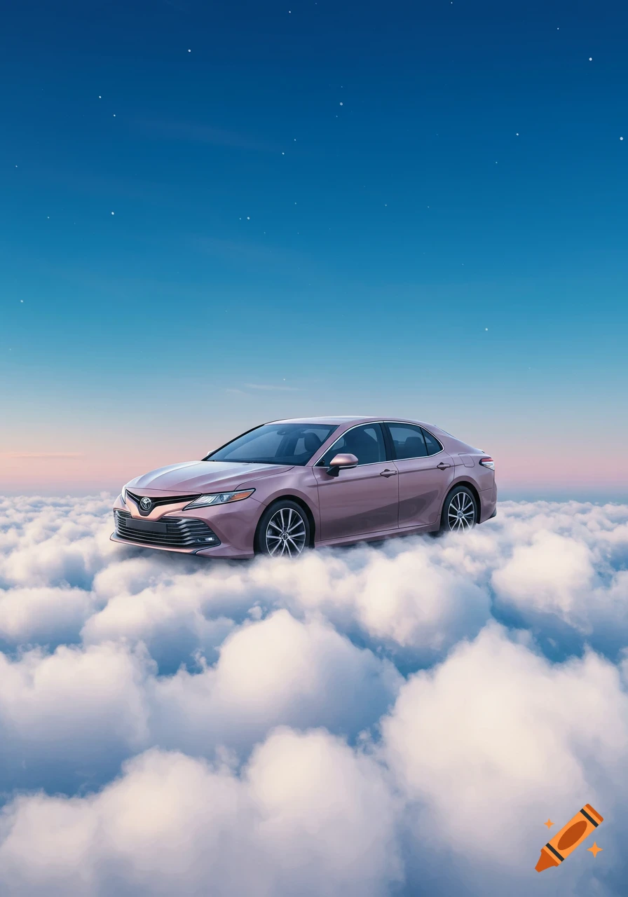 A Toyota Camry sedan floats on white clouds in a twilight sky with stars.