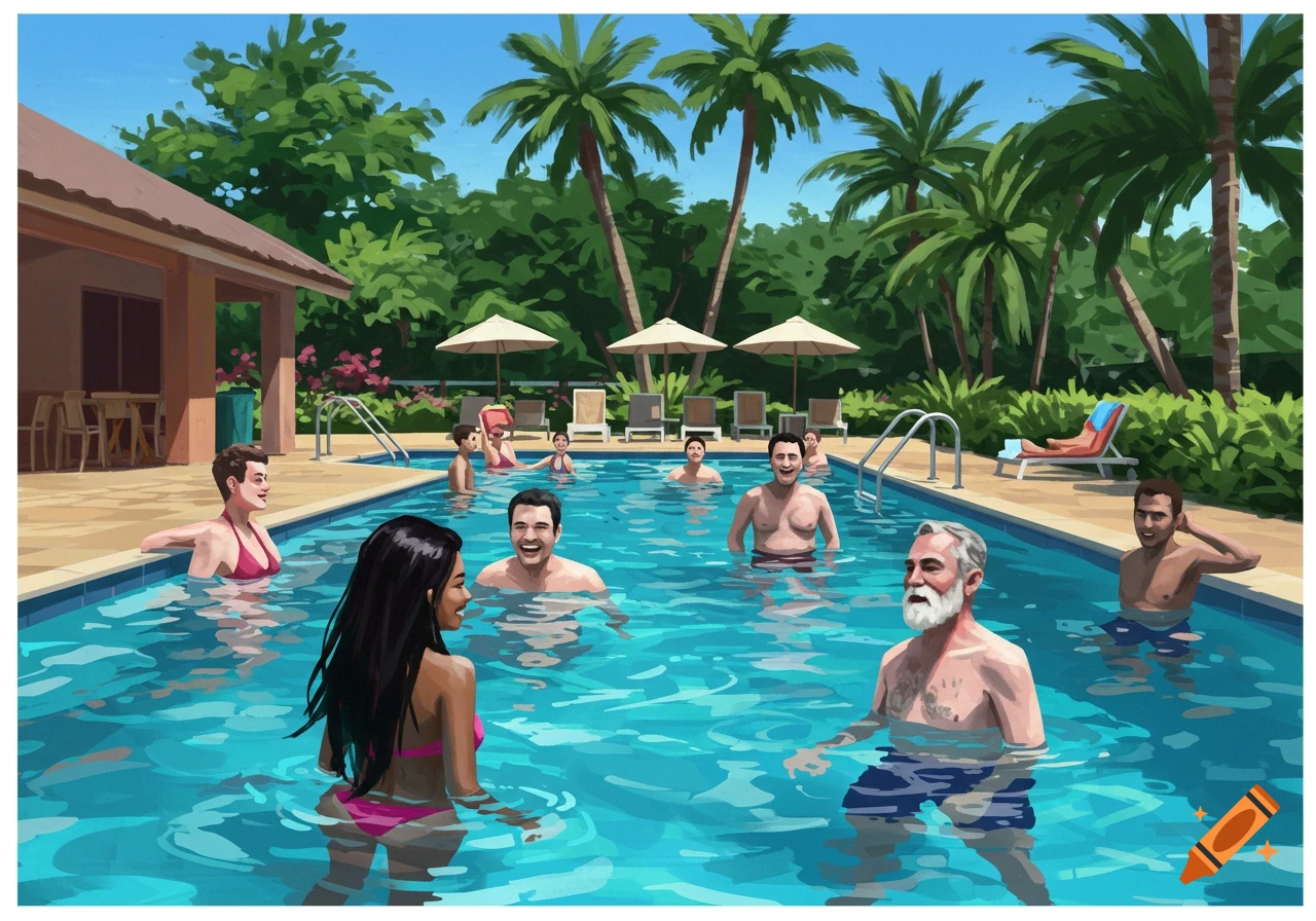 Illustration of people swimming and relaxing in a bright blue pool surrounded by palm trees and a building.