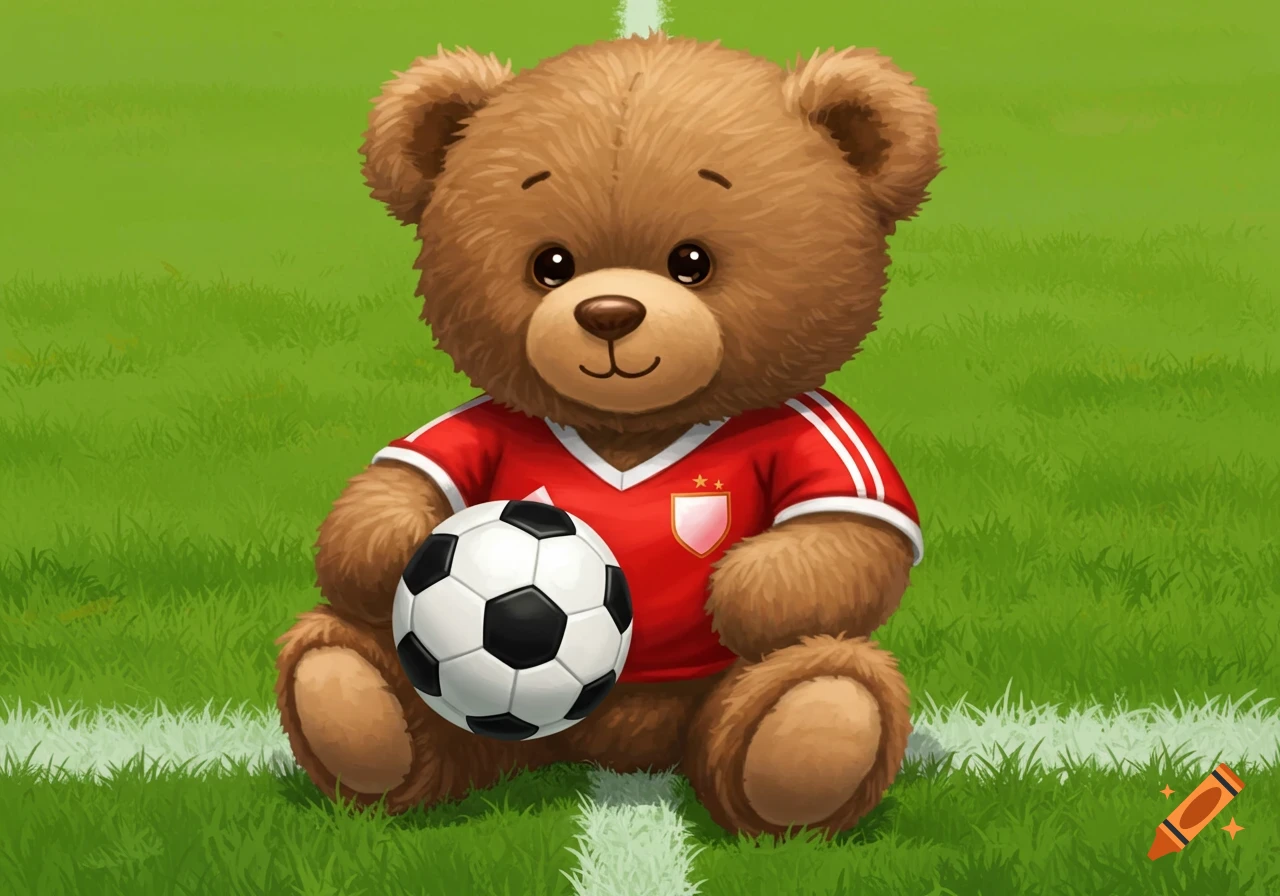 Illustration of a teddy bear sitting on a soccer field, holding a soccer ball.
