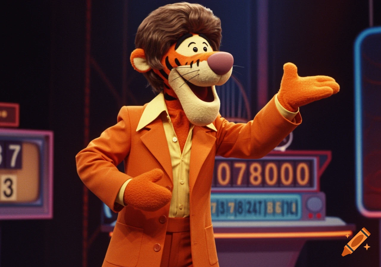 Cartoon tiger character in an orange 70s suit on a game show set.