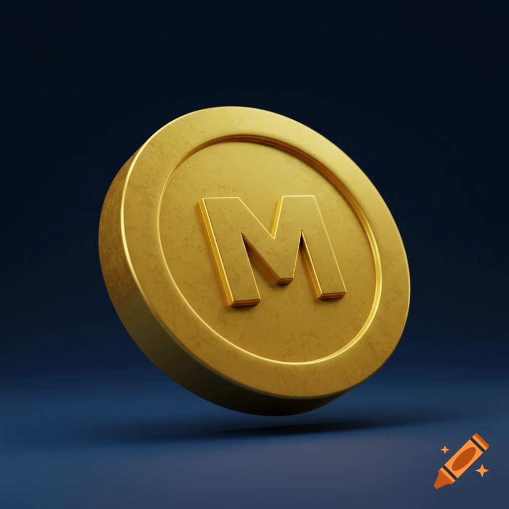 A golden coin with an M on it tilted on a dark background.