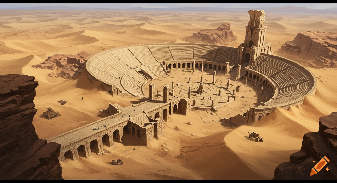 Aerial view of a massive ancient ruin amphitheater in a desert