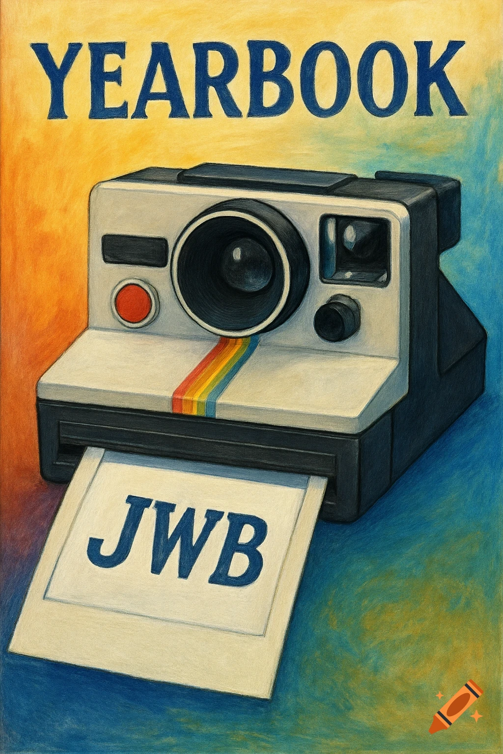 A textured illustration of a vintage Polaroid camera printing a photo with "JWB" on it, under the word "YEARBOOK".