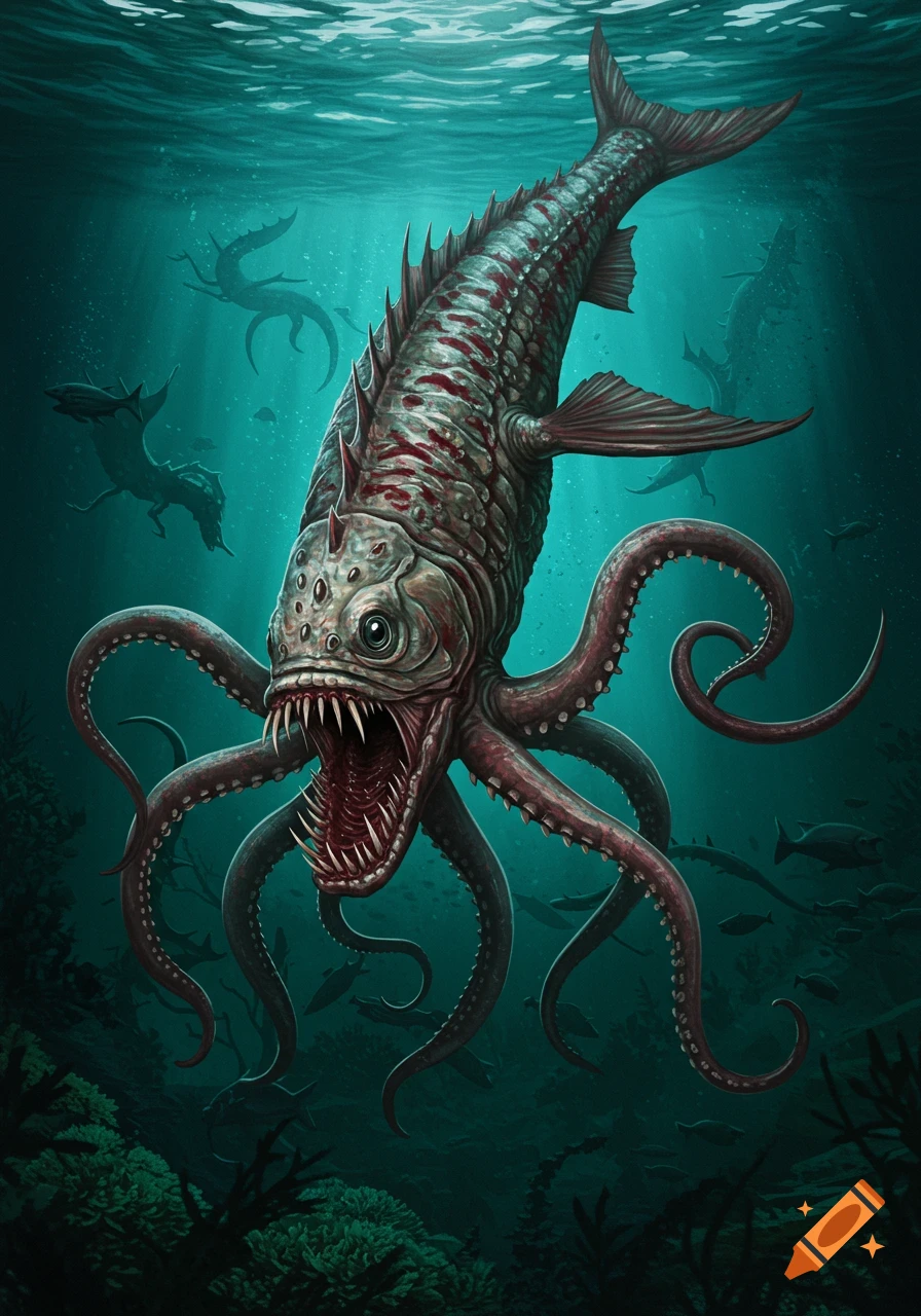 An illustration of a monstrous fish-squid hybrid creature underwater with tentacles and sharp teeth.