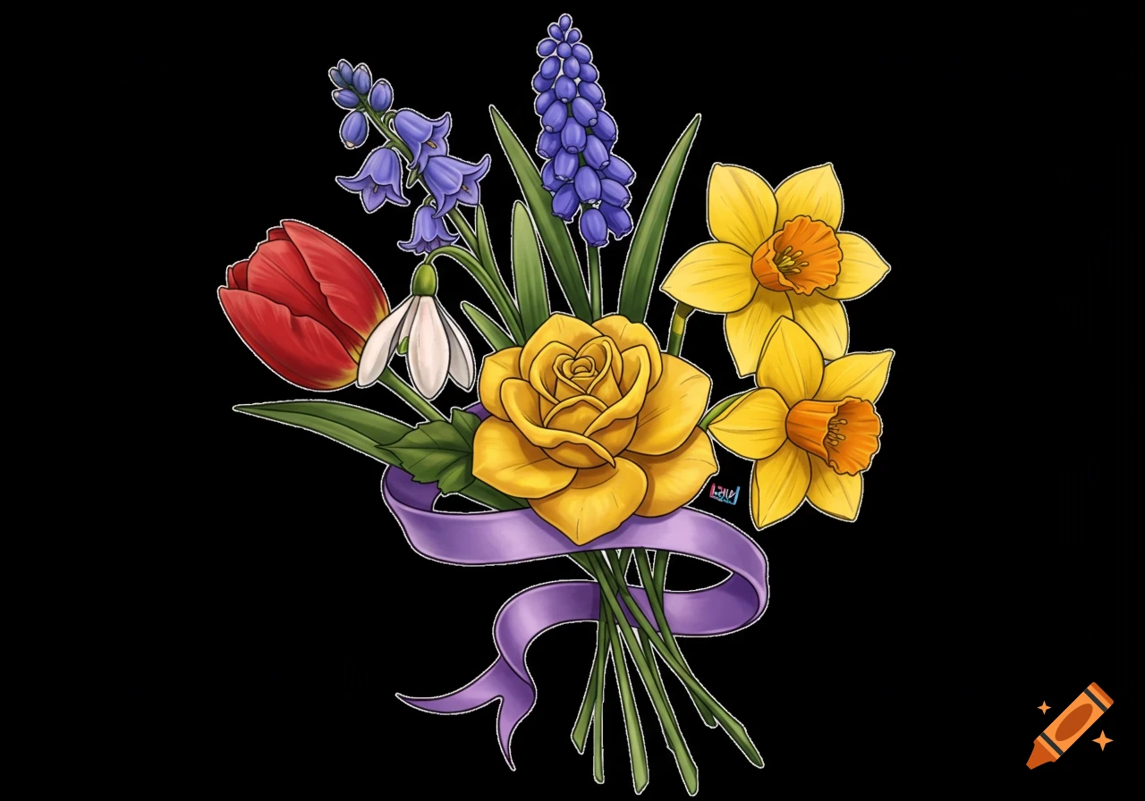 An illustration of a bouquet tattoo design with a red tulip, white snowdrop, blue bluebells, yellow rose, and yellow daffodils tied with a purple ribbon.