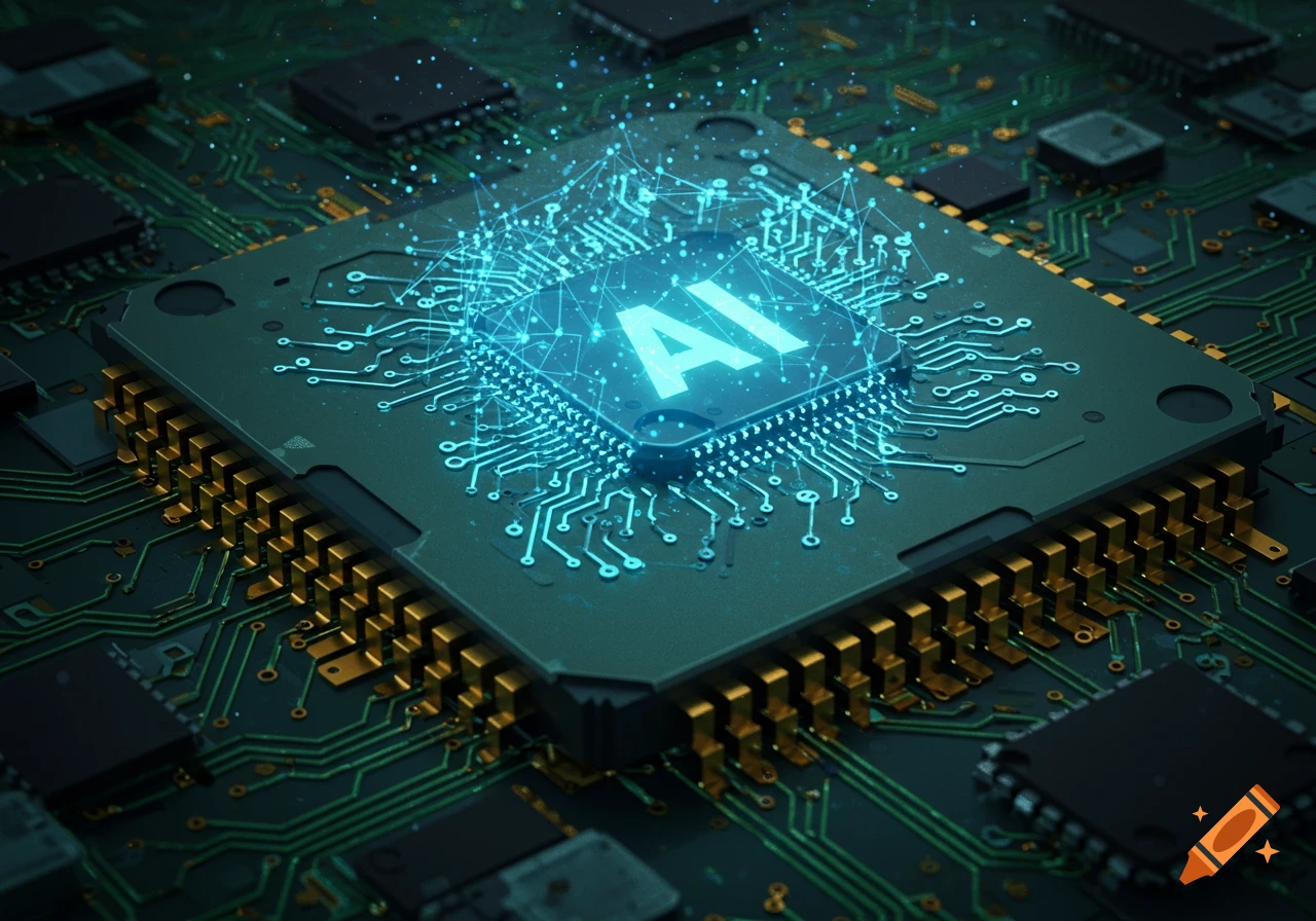 Close-up view of a computer chip with glowing blue circuit patterns forming the text "AI" at its center, mounted on a dark circuit board.