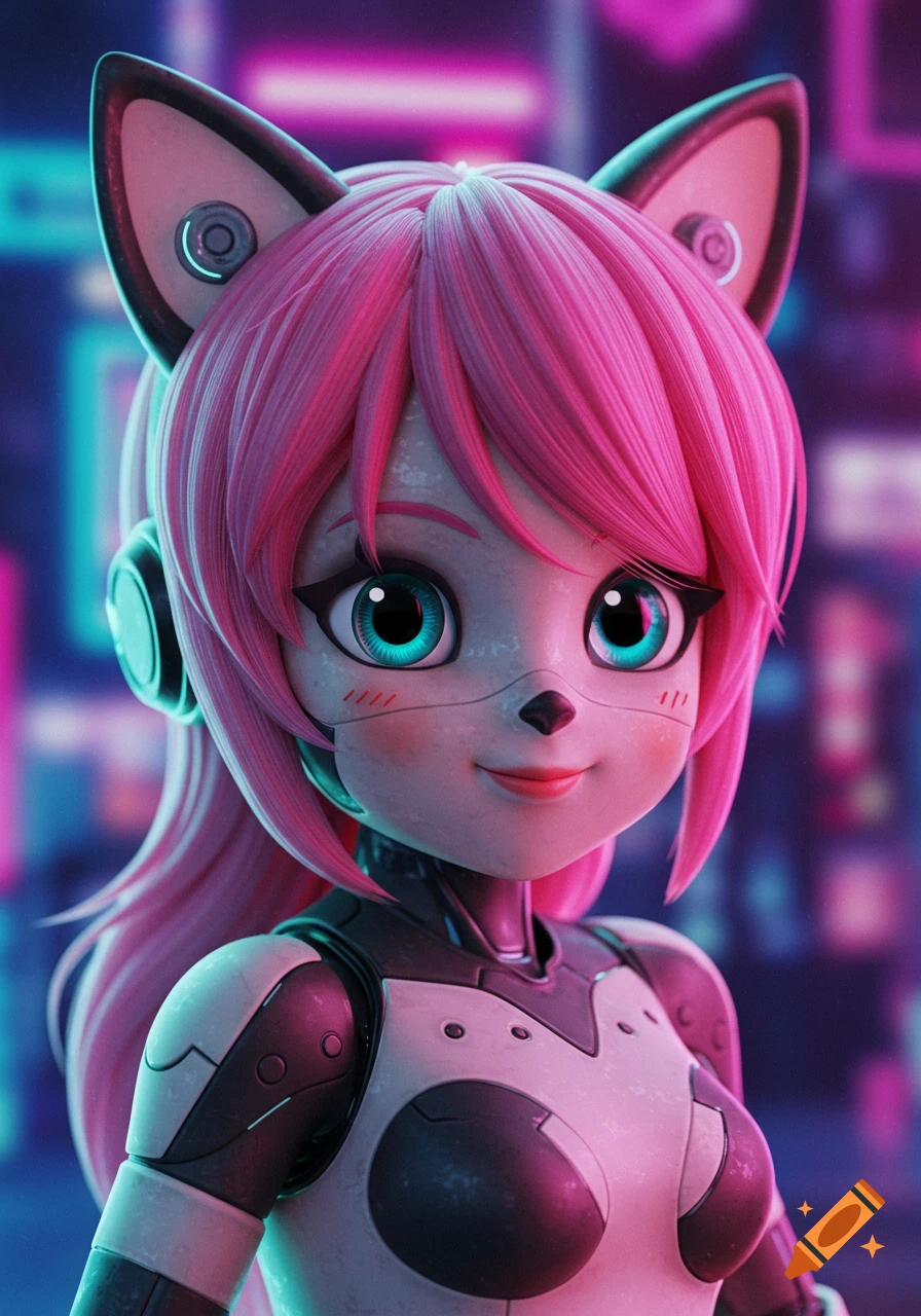Anime style robot cat girl with pink hair and blue eyes
