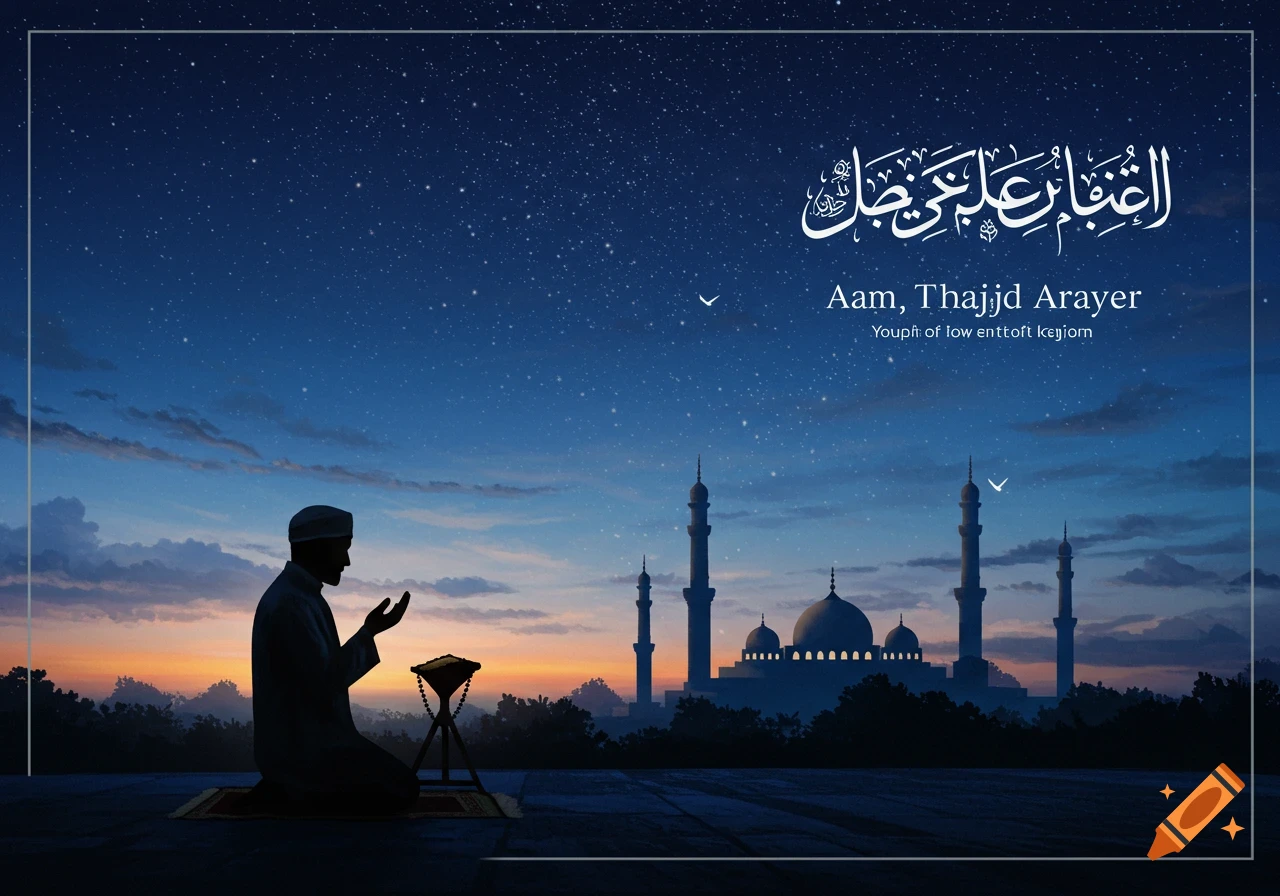 Silhouette of a man praying towards a mosque under a starry night sky with sunset.