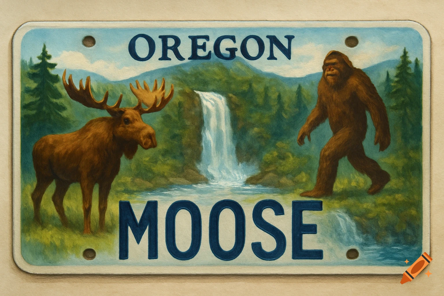 An Oregon license plate featuring a moose, Bigfoot, waterfall, and forest landscape, in a painting style.