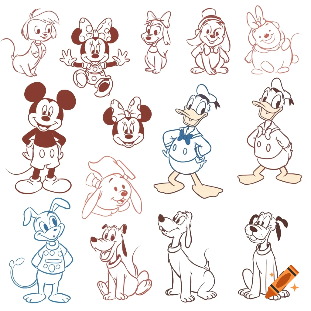 Doodle style line art of multiple classic Disney characters like Mickey Mouse, Minnie Mouse, Donald Duck, and Pluto.
