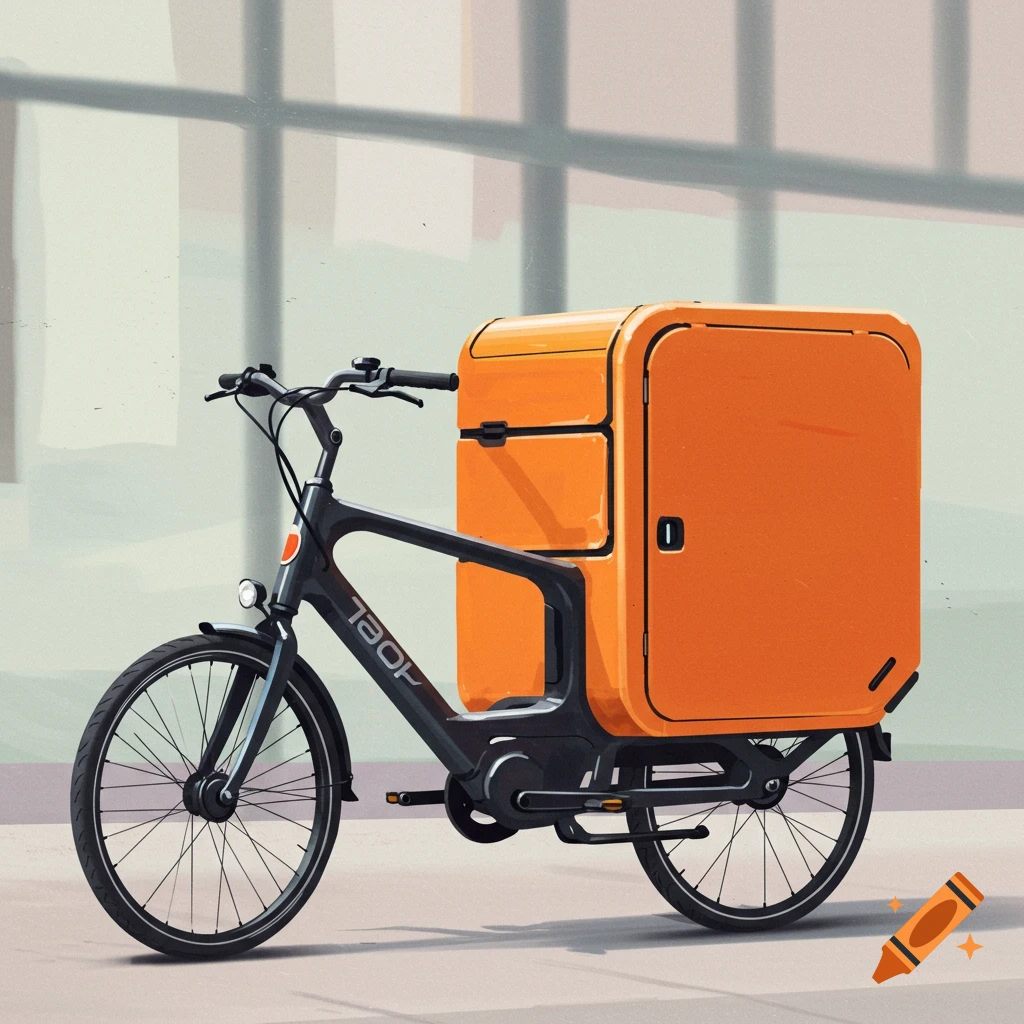 A bicycle with a large orange storage box on the back, in a stylized illustration.
