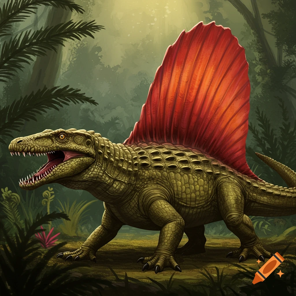 A crocodilian creature with a large red sail on its back stands in a jungle.