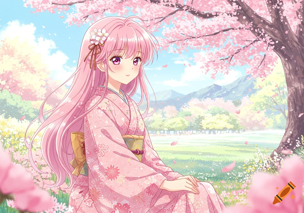 Anime girl in pink kimono sitting under cherry blossoms.