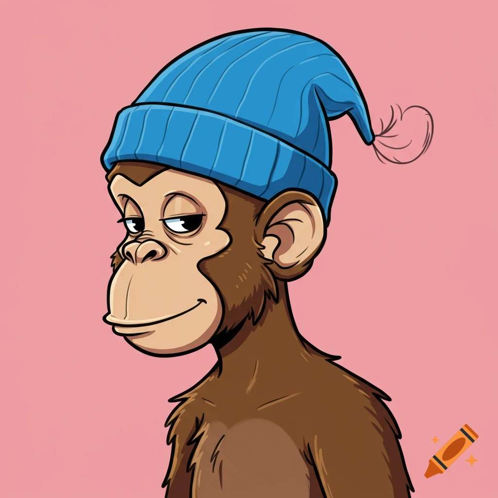 Cartoon monkey wearing a blue beanie.
