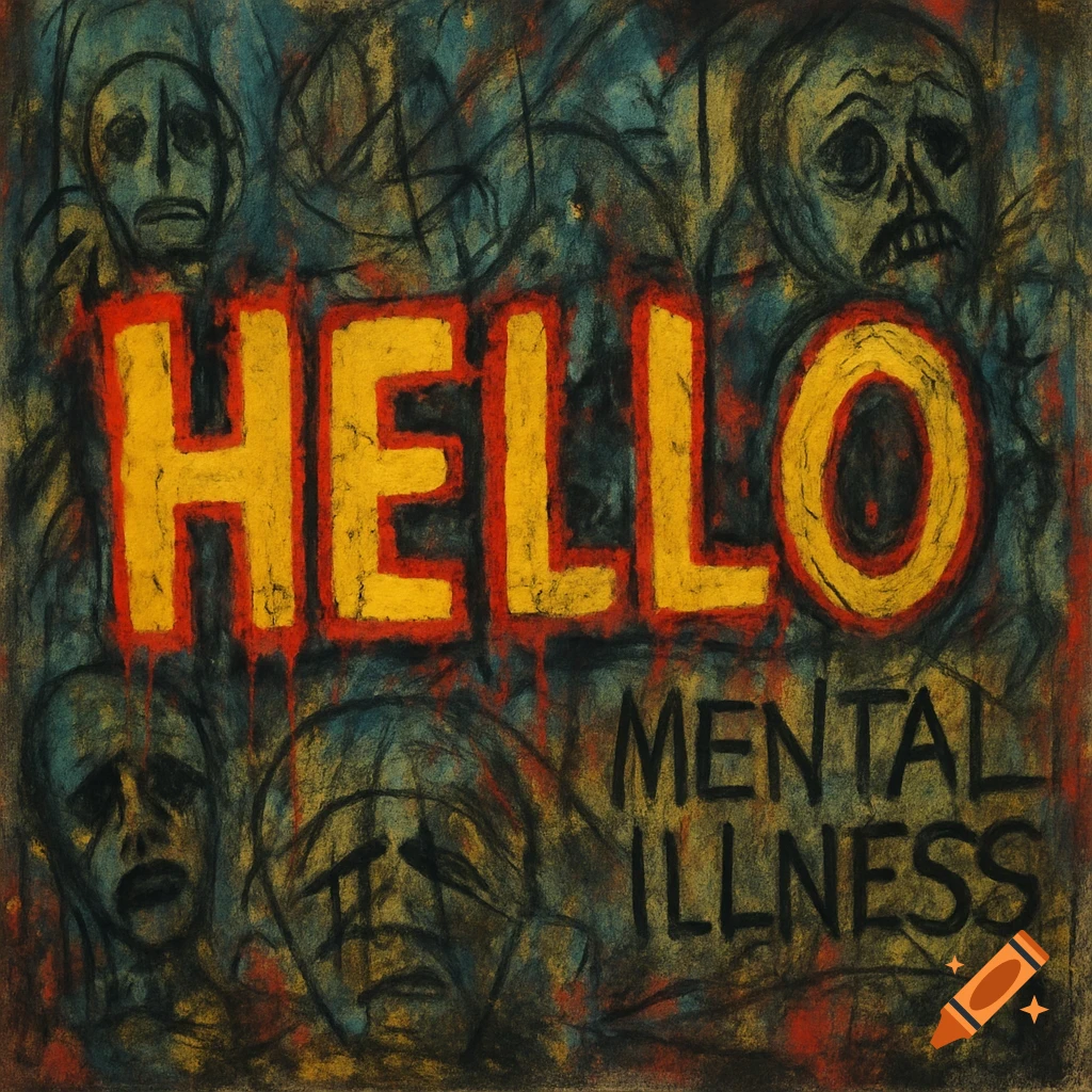 Yellow graffiti text 'HELLO' above 'MENTAL ILLNESS' on a dark background with sketchy, distorted faces in an expressive art style.