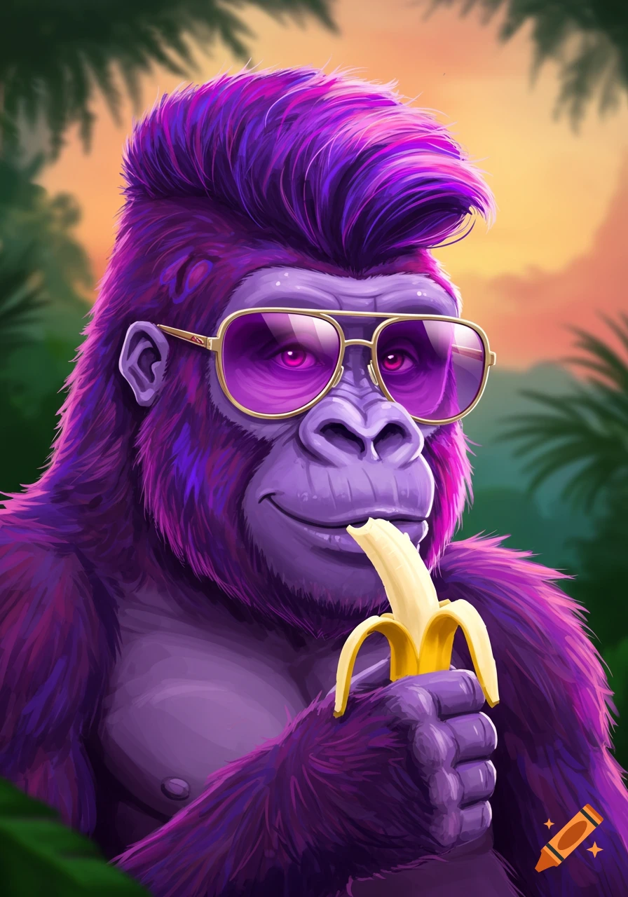 Purple gorilla with a purple mullet and sunglasses holds a banana in a jungle illustration.