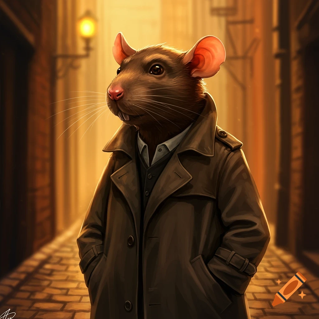 An anthropomorphic rat wearing a trench coat stands in a cobblestone alleyway.