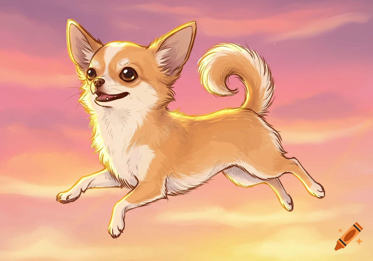 Cartoon drawing of a chihuahua flying in a sunset sky