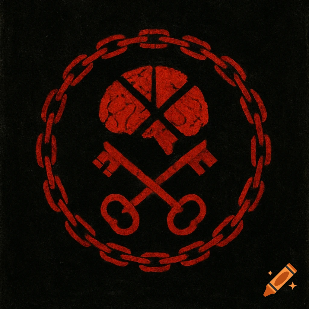 Red symbol of a split brain, crossed keys, and a chain on a black background.