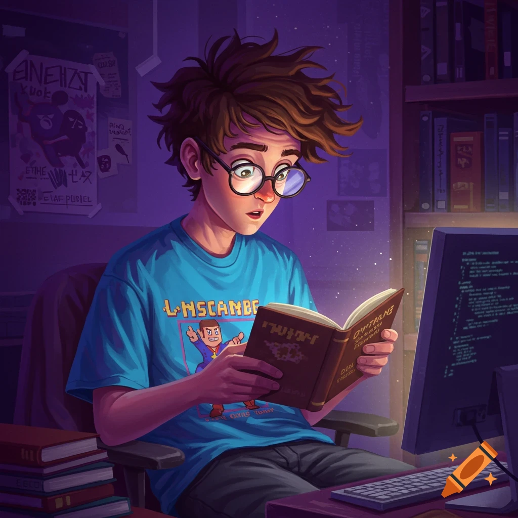 Digital illustration of a young person with glasses reading a book at a desk with a computer.